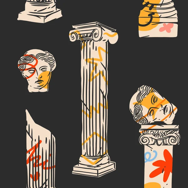 手描きベクター抽象グラフィック ギリシャ古代彫刻像 コラムラインアートモダンなシームレスなパターン トレンディなラインスタイルのヴィンテージクラシック彫刻 — ストックベクタ