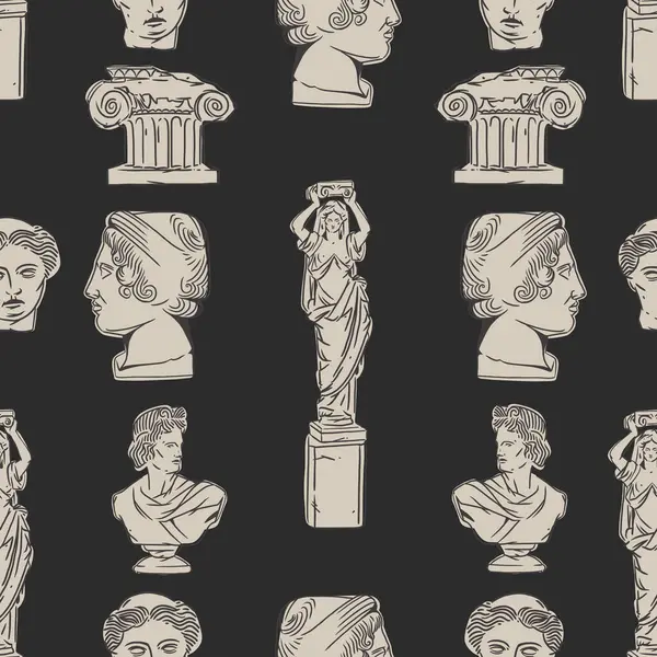 手绘矢量抽象图形 希腊古代雕塑雕像和柱形线条艺术现代无缝图案 时尚线条风格的古董古典雕塑 古董雕塑设计背景 — 图库矢量图片
