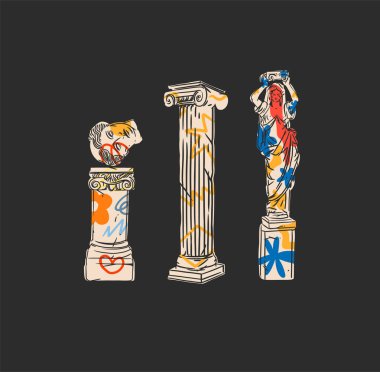 El çizimi vektör soyut grafik, antik heykel heykeller ve sütun çizgisi modern poster resimleri. Moda tarzında antika klasik heykel. Antik heykel tasarımı arka planı.