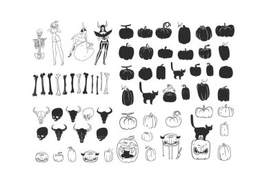 El çizimi vektör çizimi soyut grafik çizgisi ve silüet Cadılar Bayramı büyük ürkütücü karakterler seti, kabaklar, kafatası ve kemikler izole edilmiş. Cadılar Bayramı çizgisi korkunç grafik tasarım ikonları