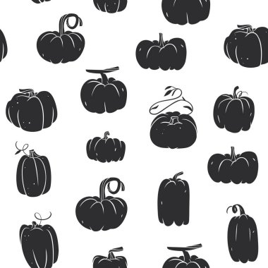 El çizimi soyut grafik, siyah, sonbahar sebzesi, hasat şükran günü ve Cadılar Bayramı balkabağı dikişsiz desen. Cadılar Bayramı sonbahar sebze hasat tasarımı kavramı.