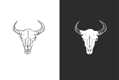 Beyaz arka planda izole edilmiş mistik ve esrarengiz boğa ve inek kafatası koleksiyonunun el çizimi vektör çizimi çizimi çizimi.