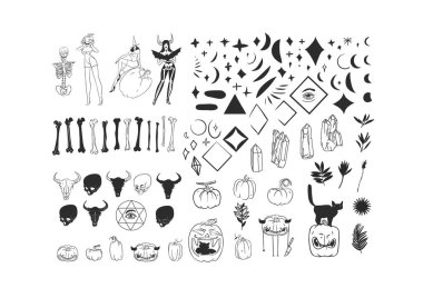 El çizimi vektör çizimi soyut grafik çizgisi ve silüet Cadılar Bayramı büyük ürkütücü karakterler seti, kabaklar, kafatası ve kemikler izole edilmiş. Cadılar Bayramı çizgisi korkunç grafik tasarım ikonları