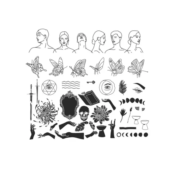 Bir dizi vektör grafik çizgisi kelebek, ay, yıldızlar, çizgi insan siluetleri ve esrarengiz semboller. Parmak izleri, posterler, çizimler için simya mistik sihirli elementler. Siyah manevi okültizm objeleri.