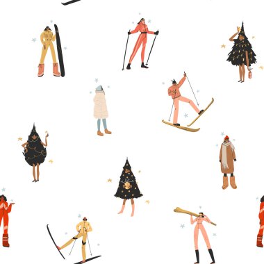 El yapımı vektör soyut Mutlu Noeller kış çizimi kusursuz desen, kış aktivitesi kayak ve snowboard insanları karakterleri. Kış kıyafetleri giyen insanlar. Kış aktif insan karakterleri.