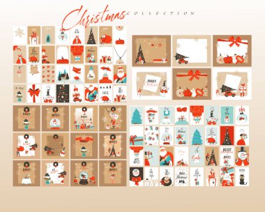 El çizimi vektör soyut eğlence çizimi Mutlu Noeller karikatür çizimleri tebrik kartları şablonları ve arka plan büyük koleksiyon hediye kutuları, insanlar ve Xmas ağacı renkli arka planda izole edilmiş