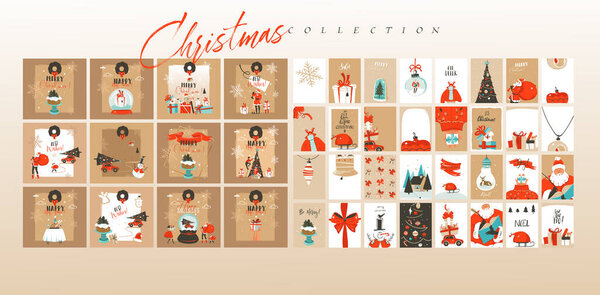Ручной рисунок вектор абстракция весело Веселое Рождество мультфильм иллюстрации Открытки шаблон и фон большой набор коллекций с подарочными коробками, люди и елка изолированы на цветном фоне