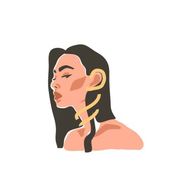 El çizimi vektör soyut düz grafik modern çizgi sanatı, bohem, güzel modern kadın portresi ile estetik moda illüstrasyonu pastel arka planda izole edilmiş basit moda tarzı.