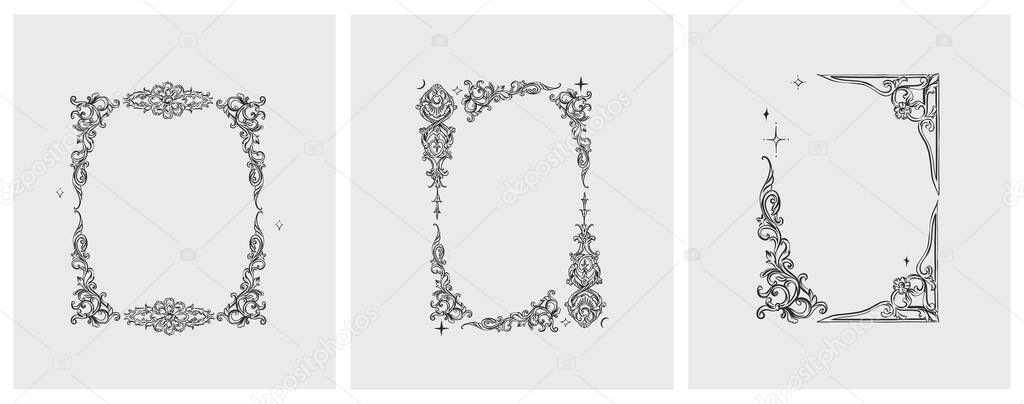 Hand drawn vector abstract outline,graphic,line vintage baroque ornament floral frame in calligraphic elegant modern style.Baroque floral vintage outline design concept.Vector antique frame isolated