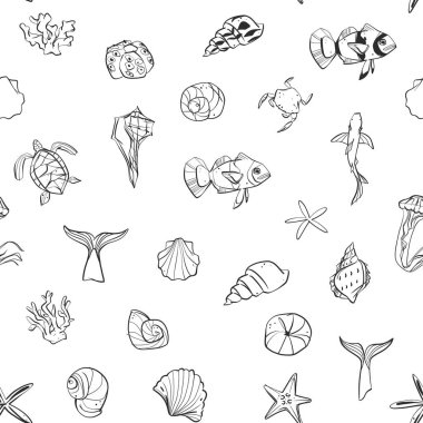 El çizimi vektör grafik çizgisi kusursuz desenli, sevimli komik okyanus kabukları ve yumuşakçalarla. Okyanus doğasının ana hatlarının vektör çizimi. Resim çizimi deniz deseni