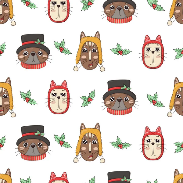 Bezešvé Vzor Vánoční Kočičí Hlavy Veselé Vánoční Ilustrace Roztomilé Kočky — Stockový vektor