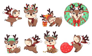Noel Baba şapkası, xmas çelengi ve karikatür tarzı hediyelerle farklı pozlarda yeni yıl geyiği koleksiyonu.
