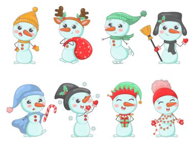 Noel hediyeli örgü şapka ve eşarplar takan bir grup kardan adam. Kar taneleri, kutsal, yeni yıl karakterleri gibi giyinmiş.