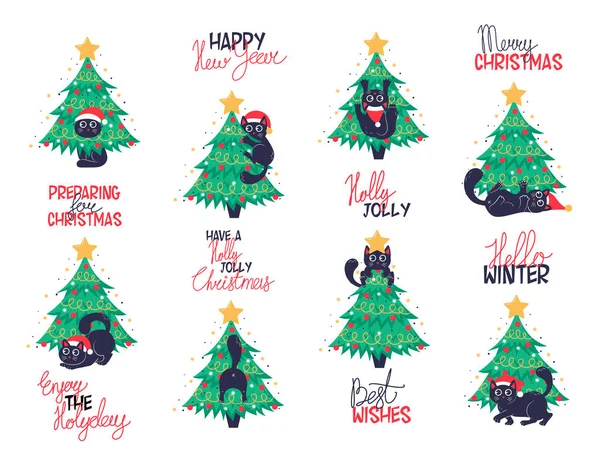 Bir Sürü Komik Kawaii Kedisi Oynuyor Süslenmiş Noel Ağaçlarına Tırmanıyor — Stok Vektör