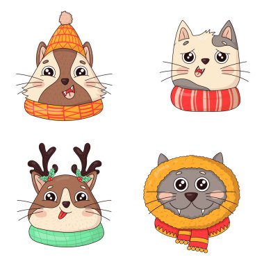 Ponponlu, atkılı ve geyik boynuzlu örgü şapkalı Noel kedileri sürüsü.