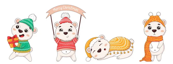 かわいい漫画のコレクションクリスマスプレゼントと冬の服で新年のホッキョクグマ — ストックベクタ