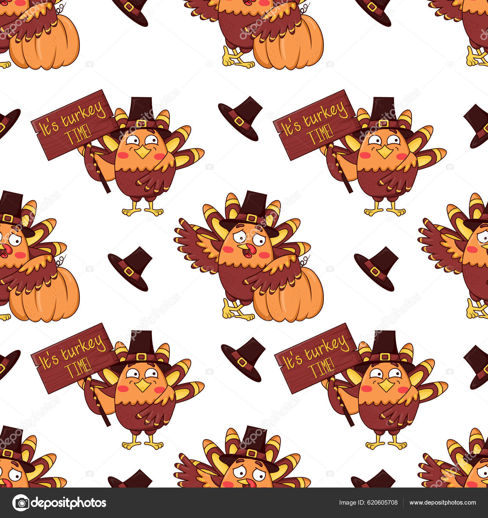 Seamless Pattern Cute Cartoon Turkeys Wearing Pilgrim Hat Pumpkins ...