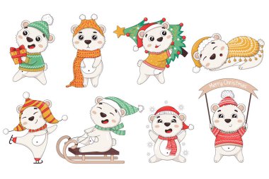 Bir sürü şirin çizgi film yeni yıl kutup ayısı. Kışlık giysiler içinde Noel ağacı, kayak, kızak, kar taneleri, hediyeler, uyku.,