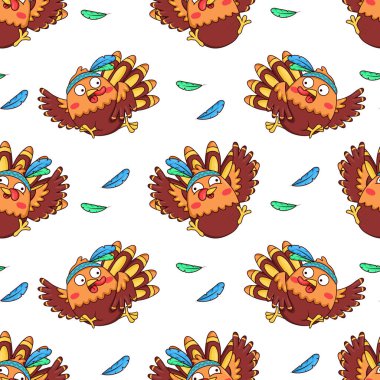 Çizgi filmdeki hindilerle kusursuz desenler. Saç bantları takan yerli yerliler.