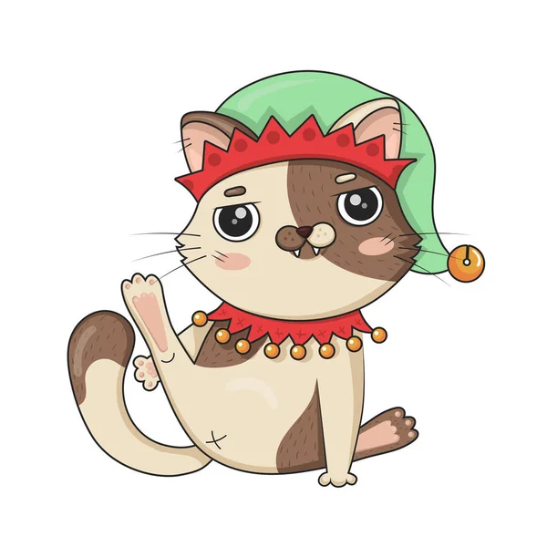 Χαριτωμένο Γάτα Κινουμένων Σχεδίων Στο Κοστούμι Ξωτικό Χριστούγεννα Πίσω Πόδι — Διανυσματικό Αρχείο