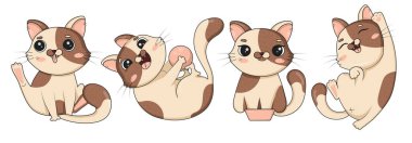 Farklı şekillerde çizilmiş sevimli kedi demeti beyaz arkaplan vektör illüstrasyon kedi koleksiyonu üzerinde izole edilmiş pozlar verir