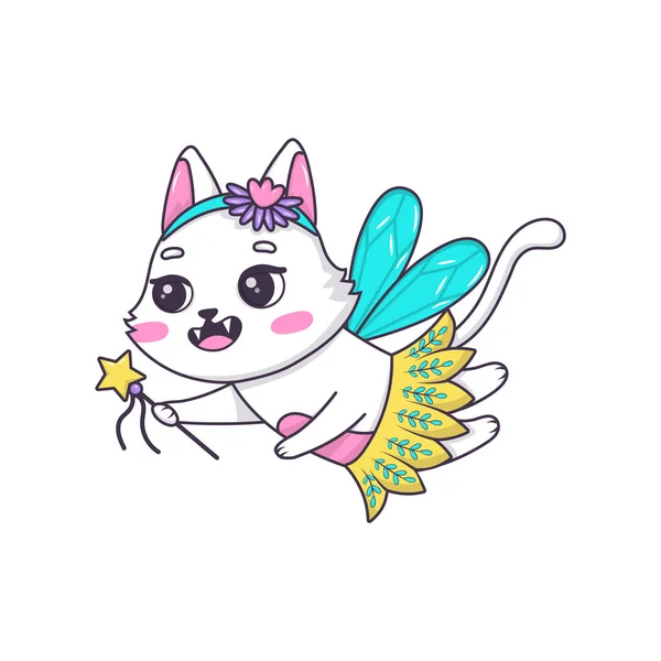Χαριτωμένο Νεράιδα Γάτα Κινουμένων Σχεδίων Μαγικό Ραβδί Μπαλαρίνα Tutu Που — Διανυσματικό Αρχείο