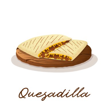 Meksika quesadilla mısır tortilla kıymalı ve peynirli ahşap tepside. Fast food restoranı ve sokak yemekleri, et tortillaları, paket servis.