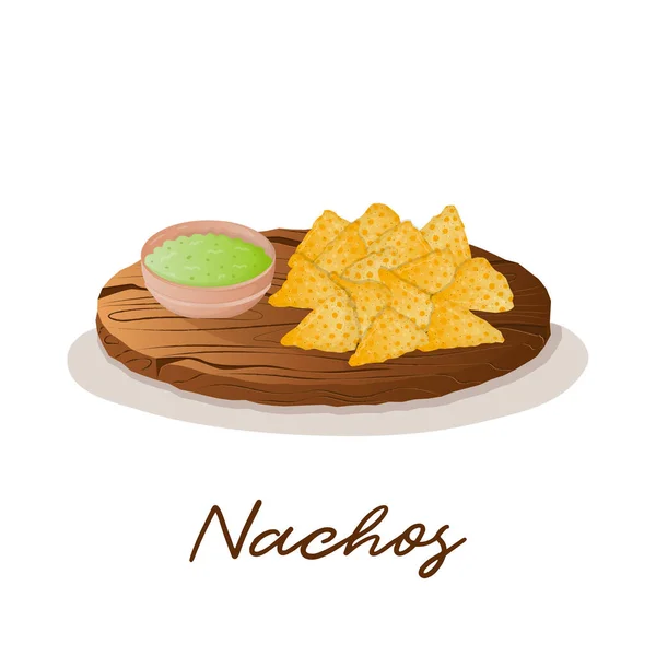 Mexicaanse Nachos Maïs Chips Met Avocado Guacamole Saus Een Houten — Stockvector