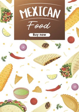 Meksika yemek broşürü A4, tako, burrito, tamale, quesadilla, empanada, elotes ve nachos. Afişler sağlıklı yemek, yemek, menü, yemek konsepti. 