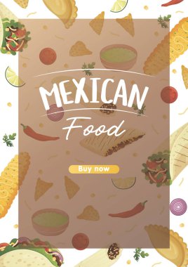 Meksika yemek broşürü A4, tako, burrito, tamale, quesadilla, empanada, elotes ve nachos. Afişler sağlıklı yemek, yemek, menü, yemek konsepti. 