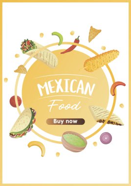 Meksika yemek broşürü A4, tako, burrito, tamale, quesadilla, empanada, elotes ve nachos. Afişler sağlıklı yemek, yemek, menü, yemek konsepti. 