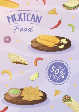 Meksika yemek broşürü A4, tako, burrito, tamale, quesadilla, empanada, elotes ve nachos. Afişler sağlıklı yemek, yemek, menü, yemek konsepti. 