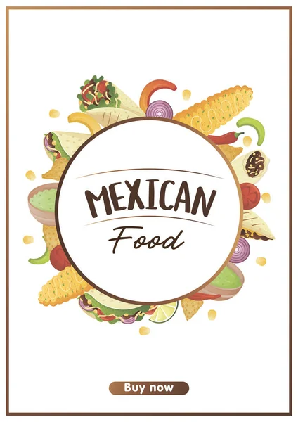 Folleto Comida Mexicana Con Tacos Burritos Tamales Quesadilla Empanadas Elotes — Vector de stock