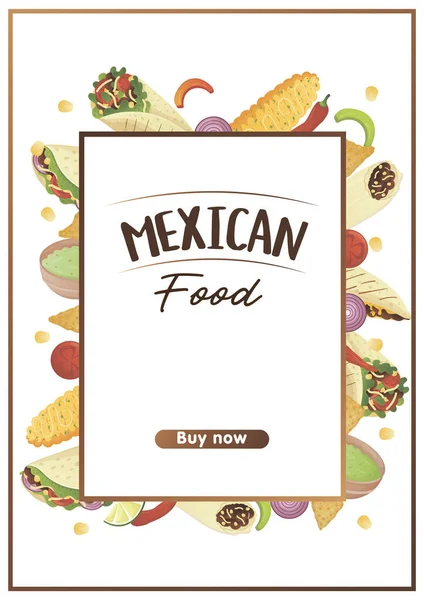 Mexický Leták Tacos Burritos Tamales Quesadilla Empanadas Elotes Nachos Banner — Stockový vektor