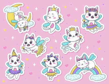 Sihirli değnekli ve karalama tarzında farklı pozlarda çizilmiş şirin kedi perisi etiketleri. vektör illüstrasyon kedi karakter koleksiyonu