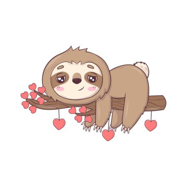 Tatlı tembel hayvan Kawaii karakteri Sevgililer Günü için kalbi olan bir dalda yatıyor.