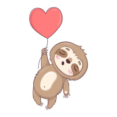 Sevimli tembel hayvan Kawaii Sevgililer Günü 'nde kalp şeklinde bir balonda uyuyan ve uçan Sevgililer Günü tembeli Kawaii karakteri için kalp şeklinde bir balonda uyuyan ve uçan.