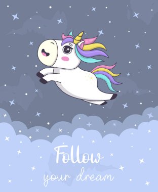 Güzel kawaii tek boynuzlu kart gökkuşağı yeleli ve boynuzlu anime tarzında.