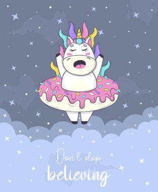 Güzel kawaii tek boynuzlu kart gökkuşağı yeleli ve boynuzlu anime tarzında.