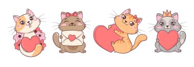 Collection of kawaii cute valentine cats in different poses with hearts and flowers