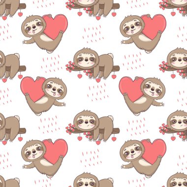 Seamless pattern with cute sloths for Valentine's Day in cartoon style for kids, children's books and games, print.