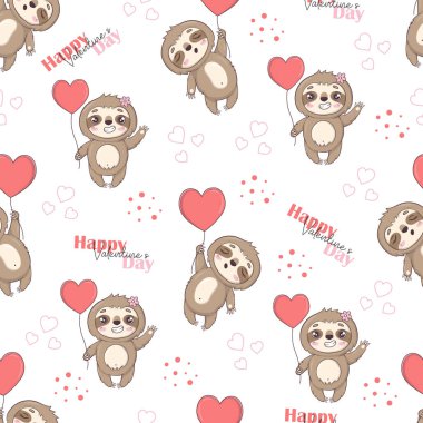 Seamless pattern with cute sloths for Valentine's Day in cartoon style for kids, children's books and games, print.