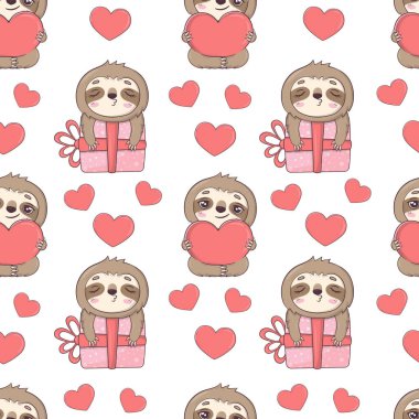 Seamless pattern with cute sloths for Valentine's Day in cartoon style for kids, children's books and games, print.
