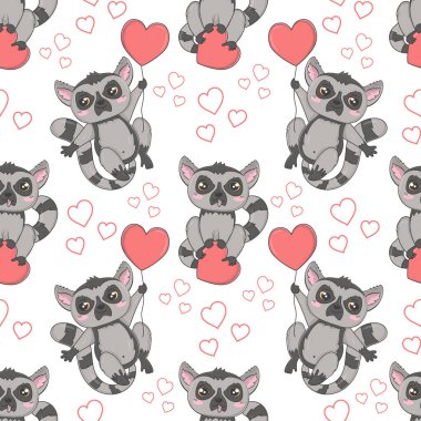 Seamless pattern with cute lemurs for Valentine's Day in cartoon style for kids, children's books and games, print.