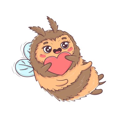 Cartoon cute bee in love flies and carries a big heart for Valentine's Day isolated on white background vector illustration