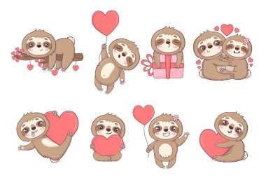 Clip art set with funny sloths in love, hugging, with gifts and hearts for Valentine's Day