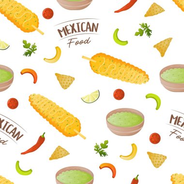 Seamless pattern with mexican food elotes fried corn, vegetables and guacamole. Fast food restaurant and street food snacks, meat tortillas, takeaway food delivery