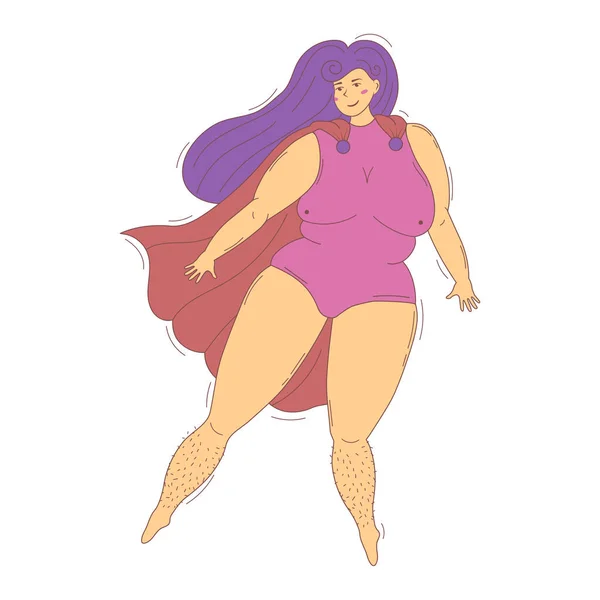 Happy Overweight Size Woman Superhero Costume Cape Fatphobia Support Body — Stock Vector