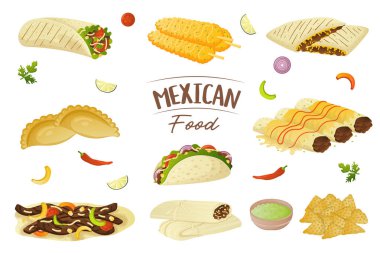 Mexican food collection, nachos, burritos, tacos, tamales, fajita, enchilada, empanadas and elotes. Minced meat in corn tortillas with vegetables