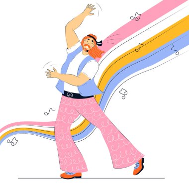 young hippie man in a vest and flared trousers dances against the backdrop of iridescent waves of sound